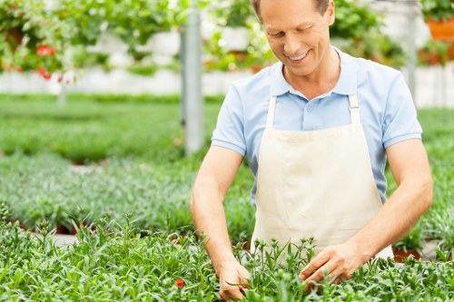Gardeners finishing a tidy-up in a front garden