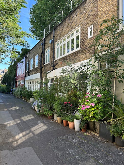 A narrow residential street featuring a row of terraced brick houses with white-framed windows and small front gardens filled with a variety of potted plants, including pink hydrangeas, green shrubs, 